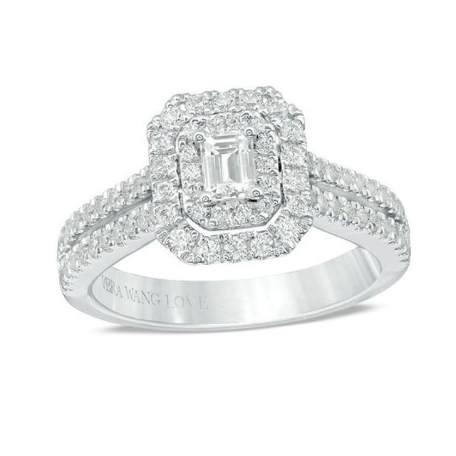Vera Wang Love Collection 1 CT. T.w. Emerald-Cut Diamond Double Frame Engagement Ring in 14K White Gold