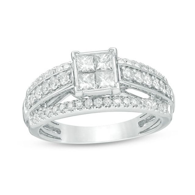 1 CT. T.w. Quad Princess-Cut Diamond Three Row Engagement Ring in 14K White Gold