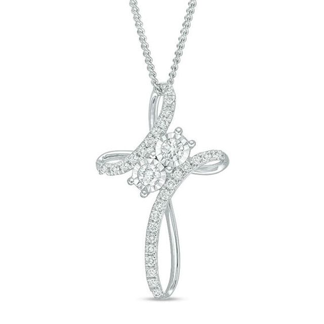 Ever UsÂ® 1/4 CT. T.w. Diamond Two-Stone Bypass Cross Pendant in 14K White Gold - 19"