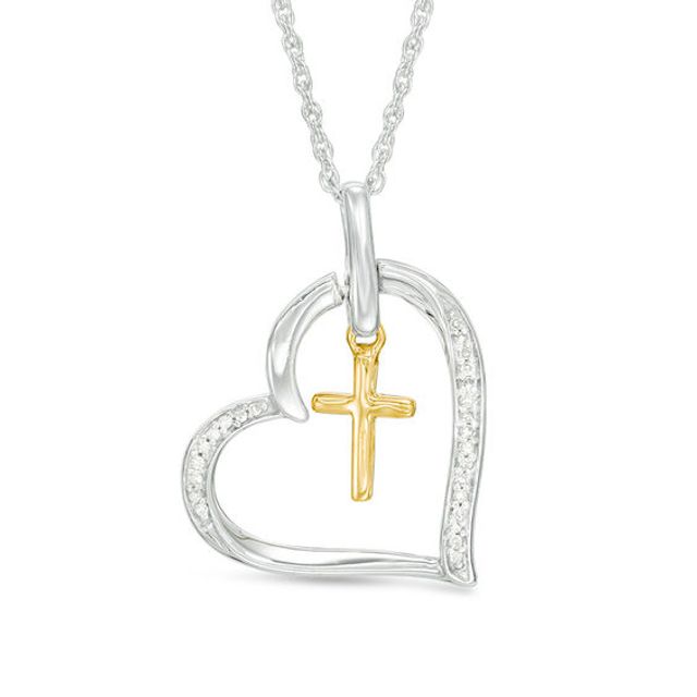 1/20 CT. T.w. Diamond Cross Dangle Heart Pendant in Sterling Silver with 10K Gold