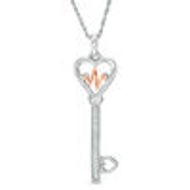 1/20 CT. T.w. Diamond Heartbeat Heart-Top Key Pendant in Sterling Silver and 10K Rose Gold