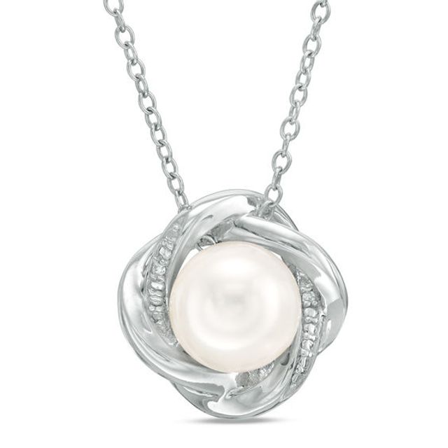 8.0mm Cultured Freshwater Pearl and Lab-Created White Sapphire Love Knot Pendant in Sterling Silver