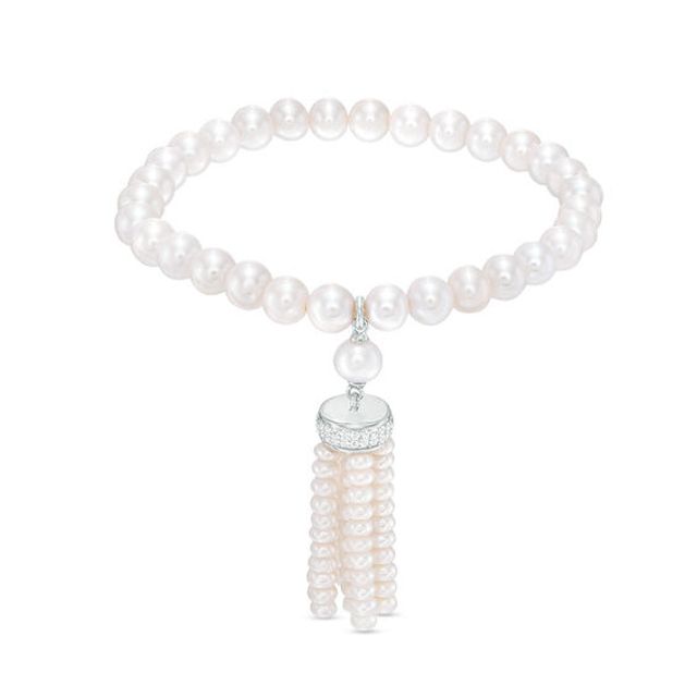 3.5-6.5mm Freshwater Cultured Pearl and Lab-Created White Sapphire Tassel Stretch Bracelet in Sterling Silver-6.5"