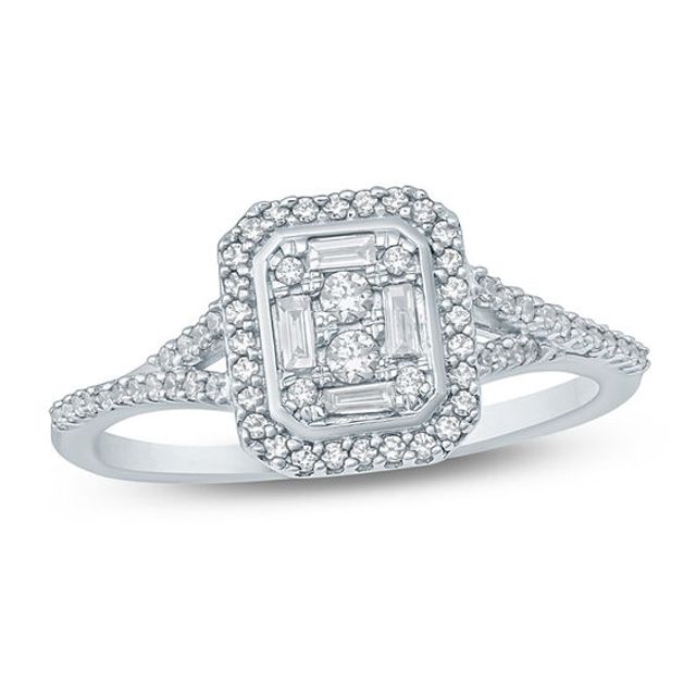 1/3 CT. T.w. Composite Baguette and Round Diamond Octagon Frame Split Shank Ring in 10K White Gold