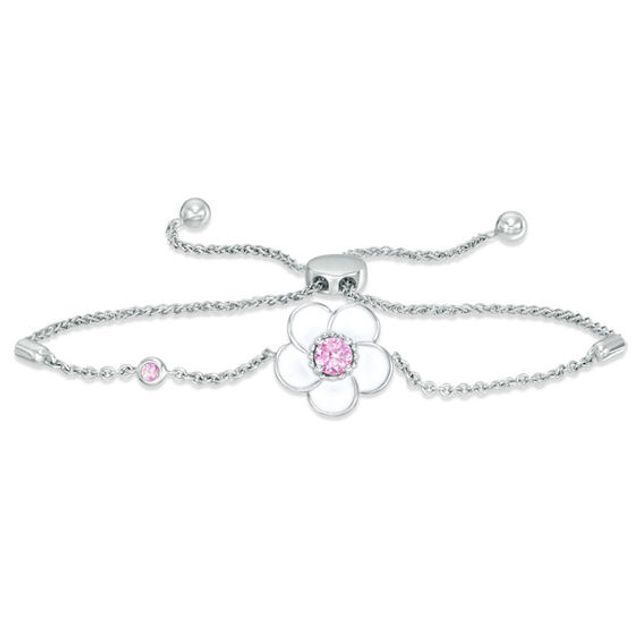 BlÃ¶em Lab-Created Pink Sapphire with White Enamel Plumeria Bolo Bracelet in Sterling Silver - 9"