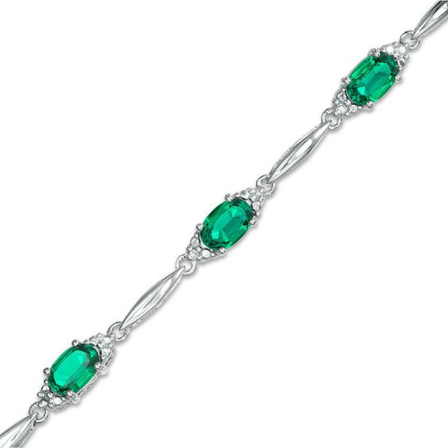 Oval Lab-Created Emerald and Diamond Accent Bracelet in Sterling Silver - 7.25"