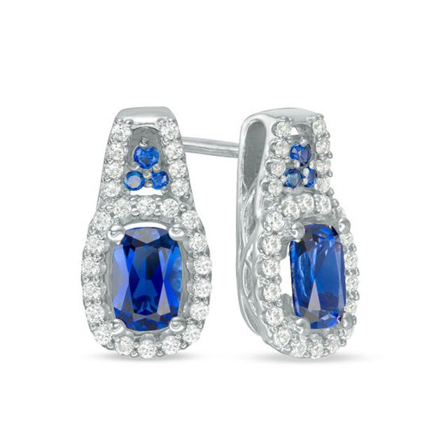 Cushion-Cut Lab-Created Blue and White Sapphire Frame Drop Earrings in Sterling Silver
