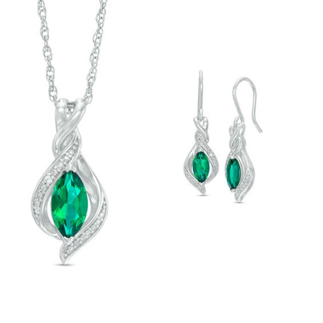 Marquise Lab-Created Emerald and White Sapphire Pendant and Drop Earrings Set in Sterling Silver