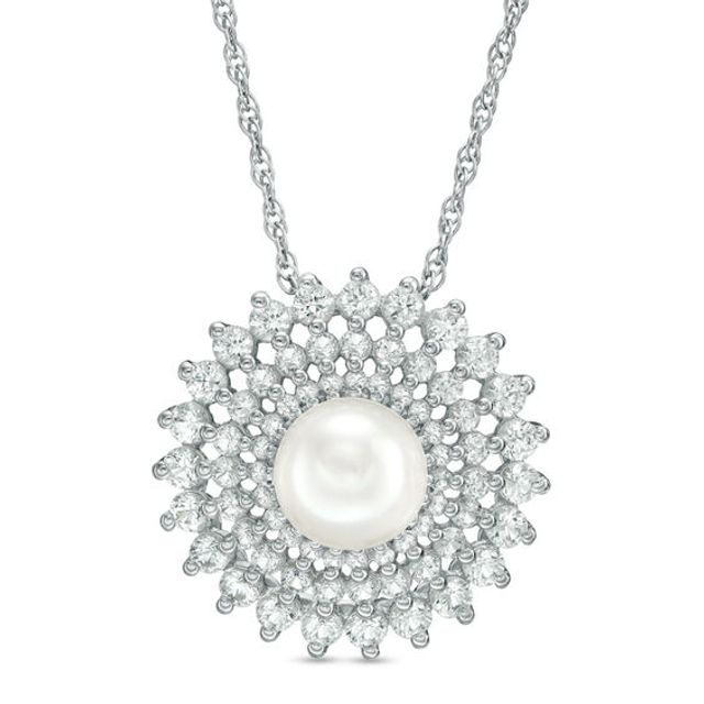 7.0mm Freshwater Cultured Pearl and Lab-Created White Sapphire Sunburst Frame Pendant in Sterling Silver