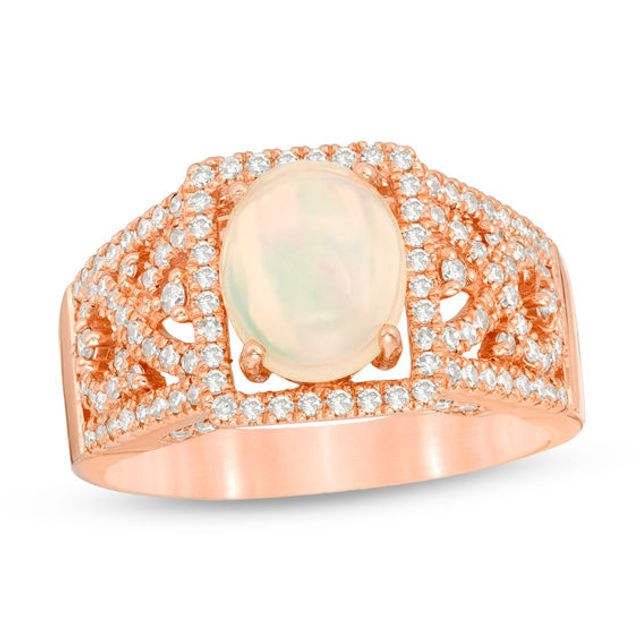 Oval Opal and 1/2 CT. T.w. Diamond Vintage-Style Ring in 14K Rose Gold