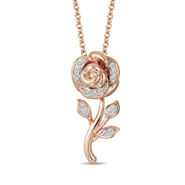 Enchanted Disney Belle 1/10 CT. T.w. Diamond Rose Pendant in 10K Rose Gold - 19"