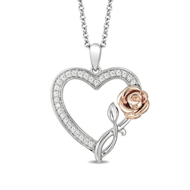 Enchanted Disney Belle 1/6 CT. T.w. Diamond Rose and Heart Pendant in Sterling Silver and 10K Rose Gold - 19"