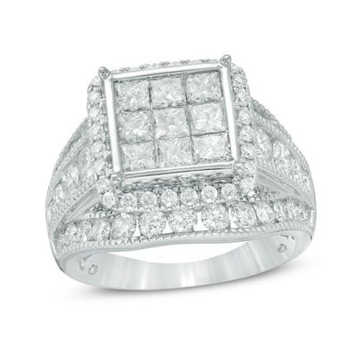 3 CT. T.w. Composite Princess-Cut Diamond Three Row Engagement Ring in 14K White Gold