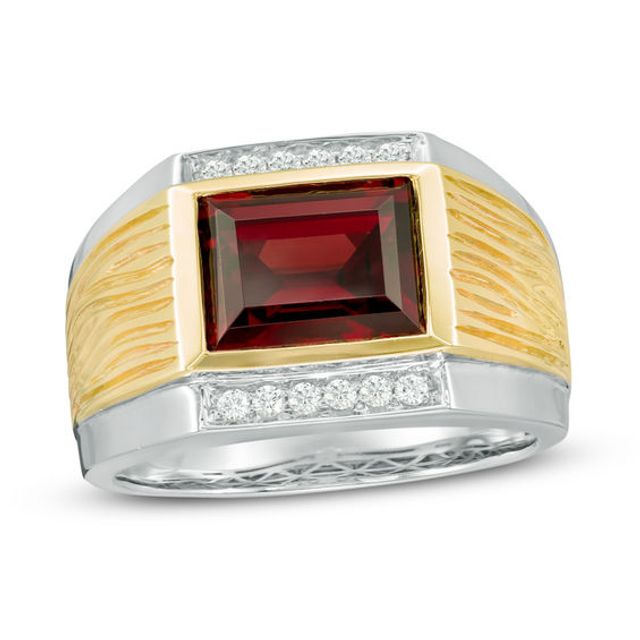 Baguette Garnet and Lab-Created White Sapphire Signet Ring in Sterling Silver and 10K Gold