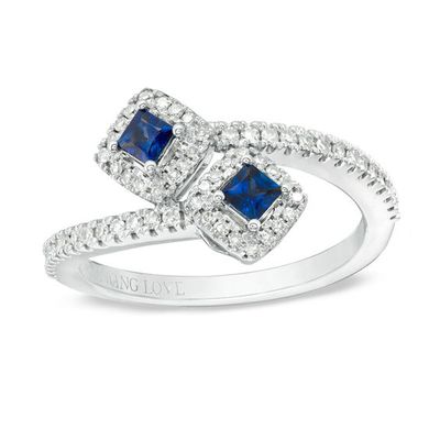 Vera Wang Love Collection Princess-Cut Blue Sapphire and 1/5 CT. T.w. Diamond Bypass Ring in Sterling Silver