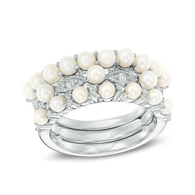 Freshwater Cultured Pearl and Lab-Created White Sapphire Stackable Three Ring Set in Sterling Silver