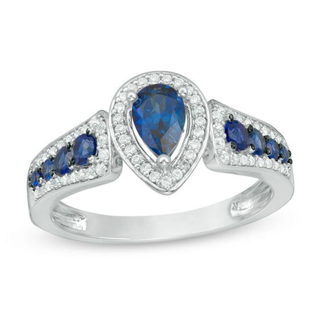 Pear-Shaped Blue Sapphire and 1/5 CT. T.w. Diamond Frame Ring in 10K White Gold