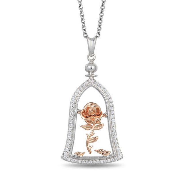 Enchanted Disney Belle 1/5 CT. T.w. Diamond Rose in Dome Pendant in Sterling Silver and 10K Rose Gold - 19"