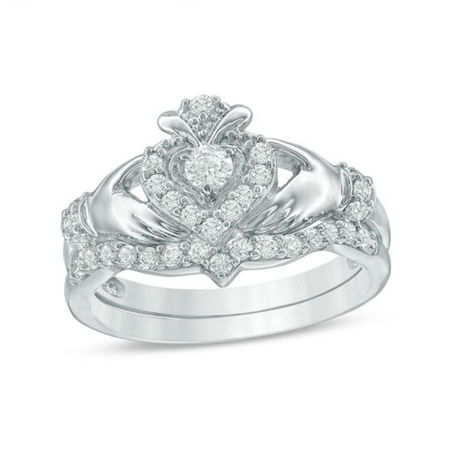 1/2 CT. T.w. Diamond Claddagh Bridal Set in 10K White Gold