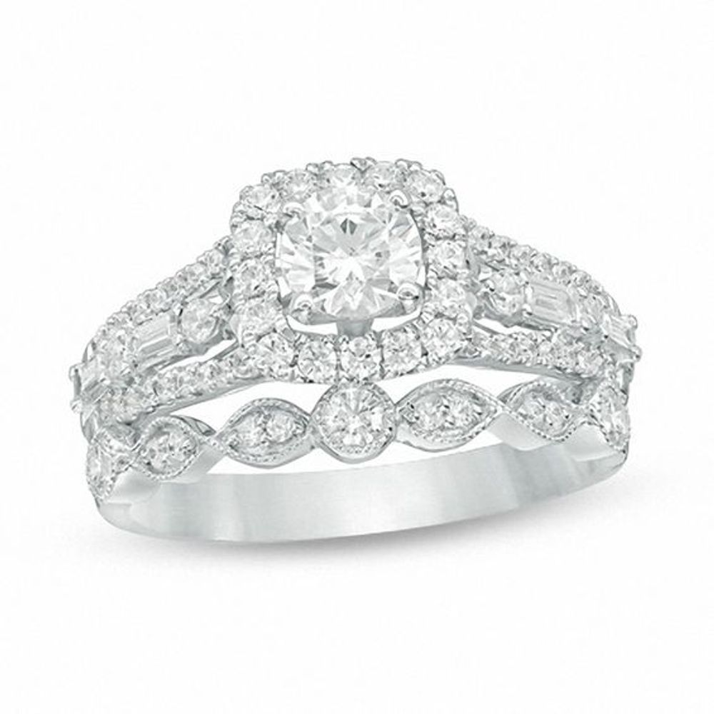 1-1/5 CT. T.w. Diamond Cushion Frame Bridal Set in 14K White Gold