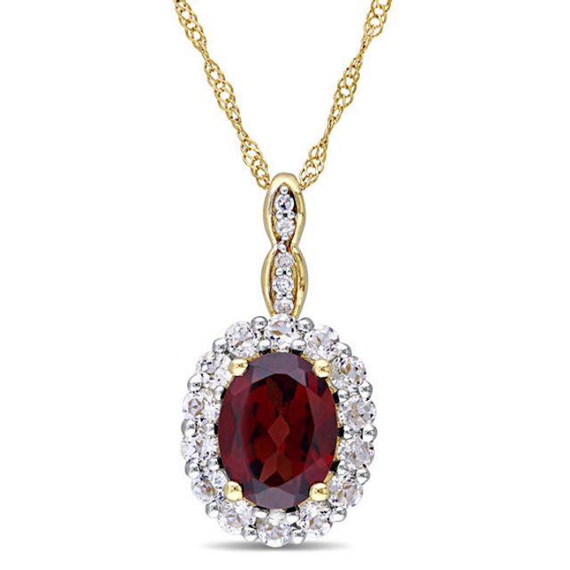 Oval Garnet, White Topaz and Diamond Accent Frame Pendant in 14K Gold â 17"