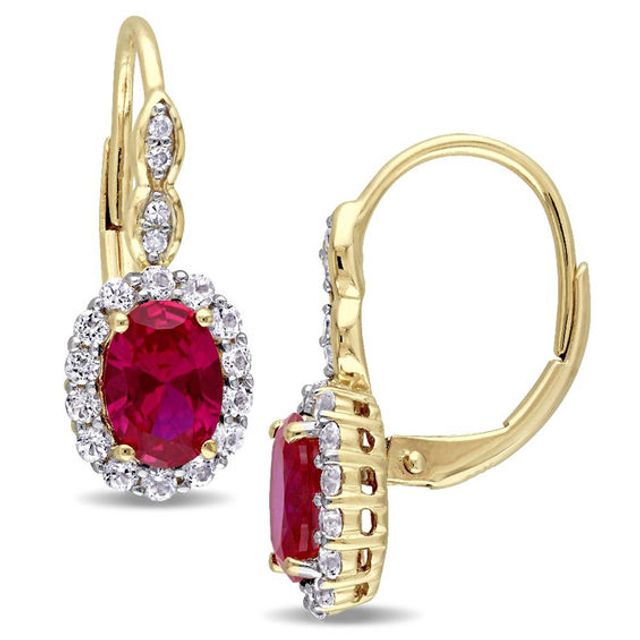 Oval Lab-Created Ruby, White Topaz and Diamond Accent Frame Drop Earrings in 14K Gold