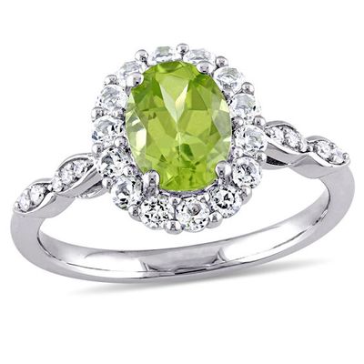 Oval Peridot, White Topaz and Diamond Accent Frame Ring 14K Gold