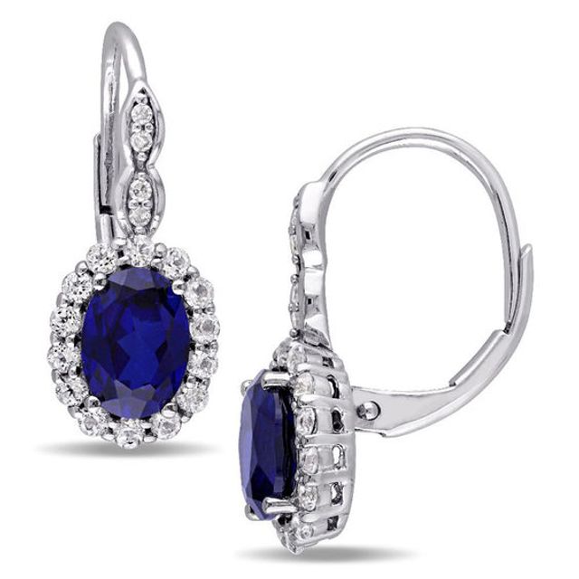 Oval Lab-Created Blue Sapphire, White Topaz and Diamond Accent Frame Drop Earrings in 14K White Gold