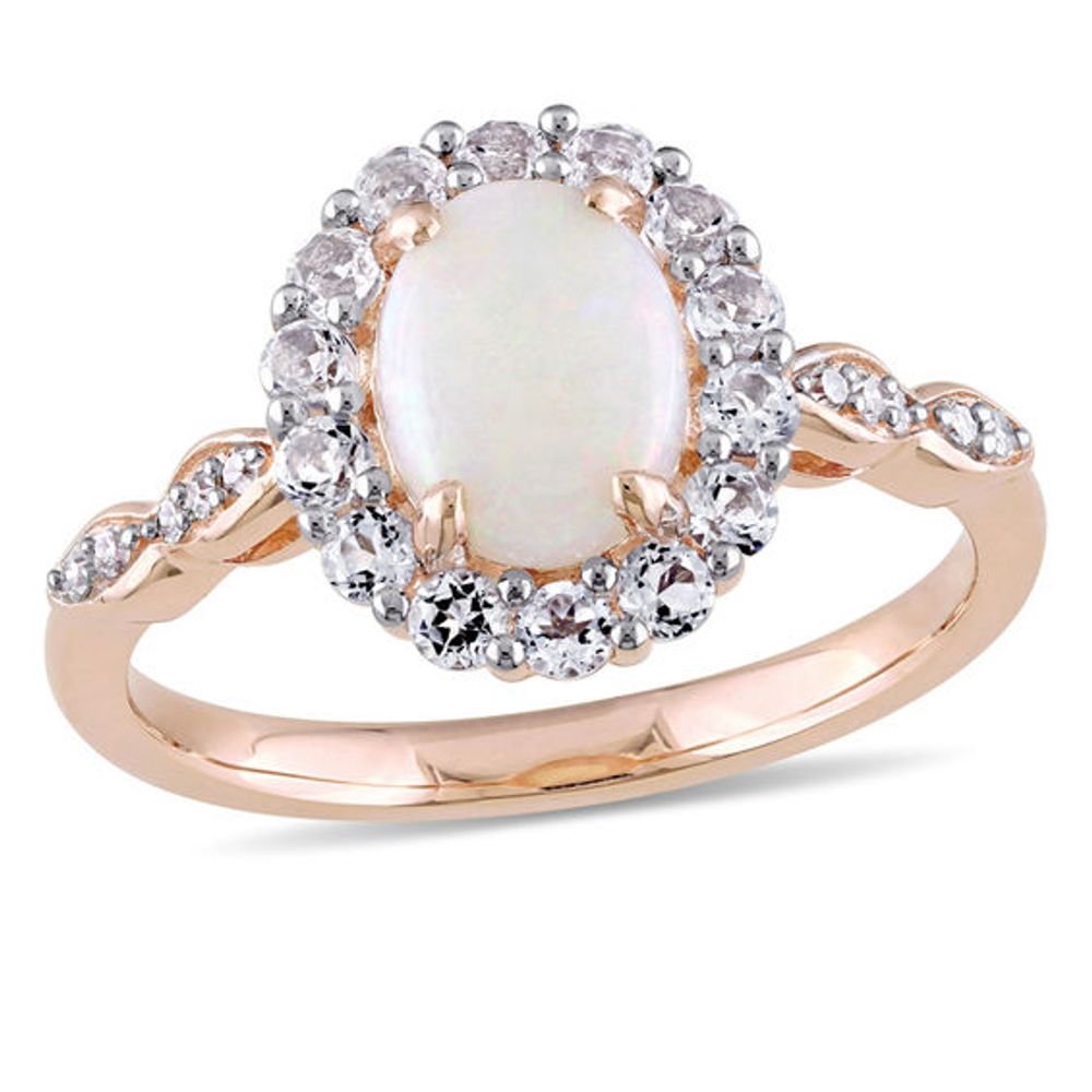 Oval Opal, White Topaz and Diamond Accent Frame Ring 14K Rose Gold