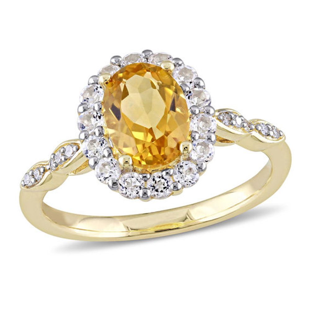 Oval Citrine, White Topaz and Diamond Accent Frame Ring in 14K Gold