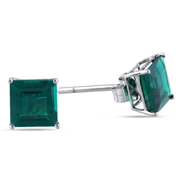6.0mm Princess-Cut Lab-Created Emerald Stud Earrings in 10K White Gold