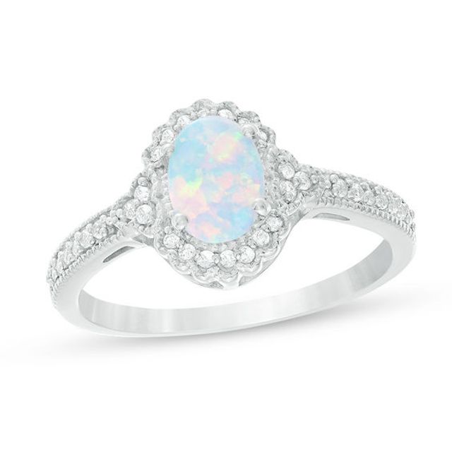 Oval Lab-Created Opal and 1/8 CT. T.w. Diamond Frame Vintage-Style Ring in 10K White Gold