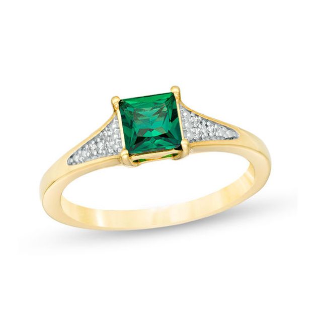 5.0mm Princess-Cut Lab-Created Emerald and Diamond Accent Tri-Sides Ring in 10K Gold