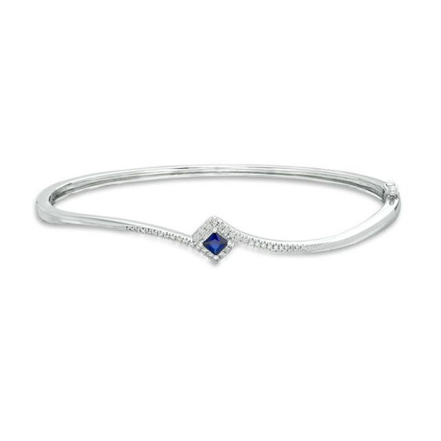 Vera Wang Love Collection Princess-Cut Blue Sapphire and 1/5 CT. T.w. Diamond Bypass Bangle in Sterling Silver - 7.5"