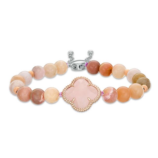 14.0mm Clover-Shaped Rose Quartz and Pink Opal Bead Bolo Bracelet in Sterling Silver and 10K Rose Gold - 9.0"