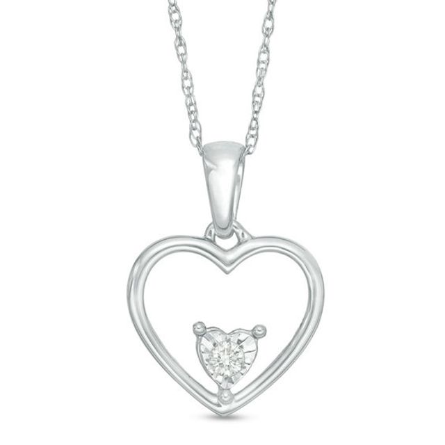 Diamond Accent Solitaire Double Heart Pendant in 10K White Gold