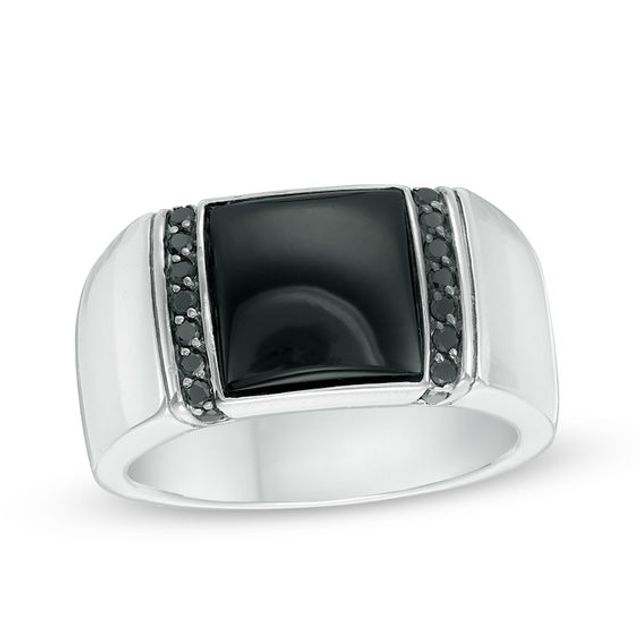 Men's 11.0mm Cushion-Cut Onyx and 1/3 CT. T.w. Black Diamond Ring in Sterling Silver