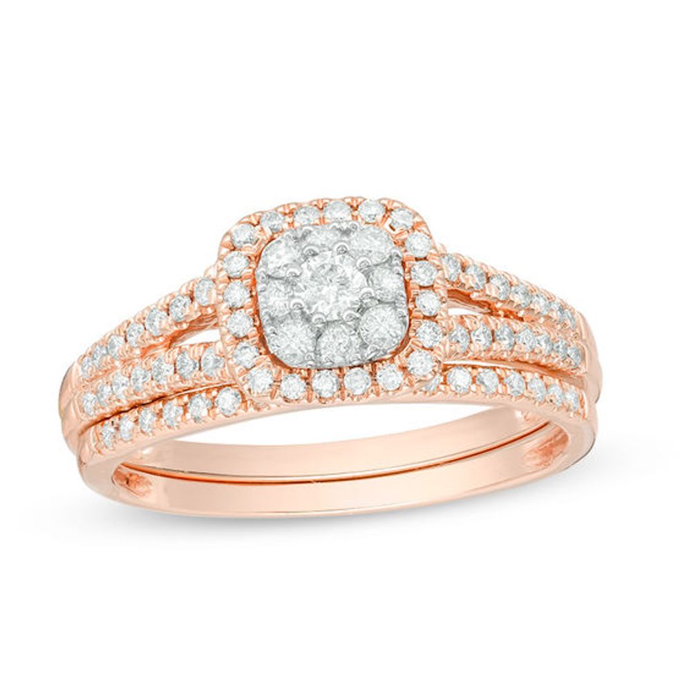 1/2 CT. T.w. Composite Diamond Cushion Frame Bridal Set in 14K Rose Gold