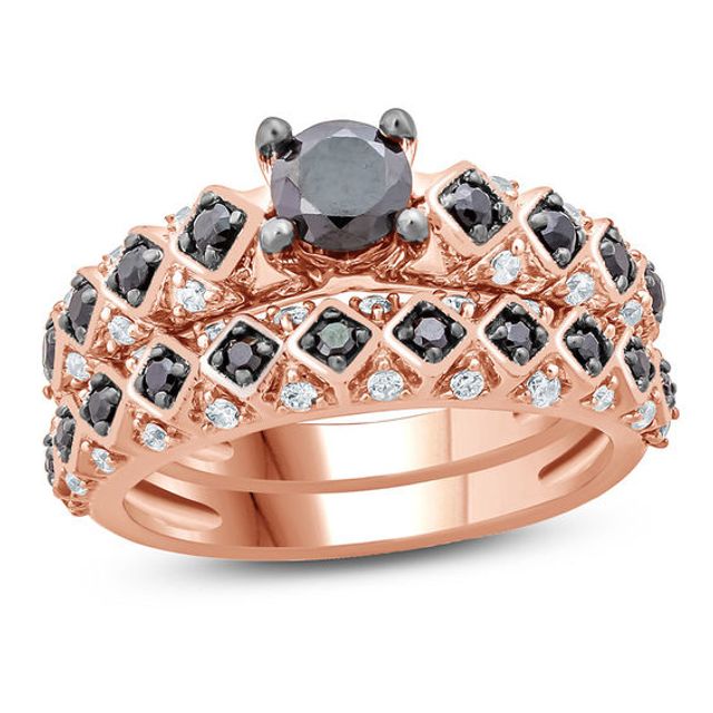 1 CT. T.w. Enhanced Black and White Diamond Tilted Square Shank Bridal Set in 10K Rose Gold