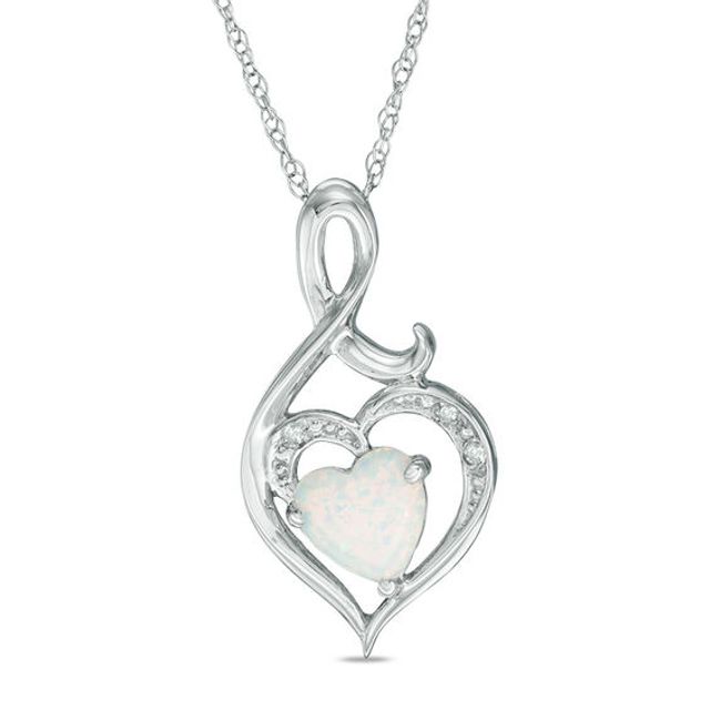 6.0mm Heart-Shaped Lab-Created Opal and Diamond Accent Swirl Heart Pendant in 10K White Gold