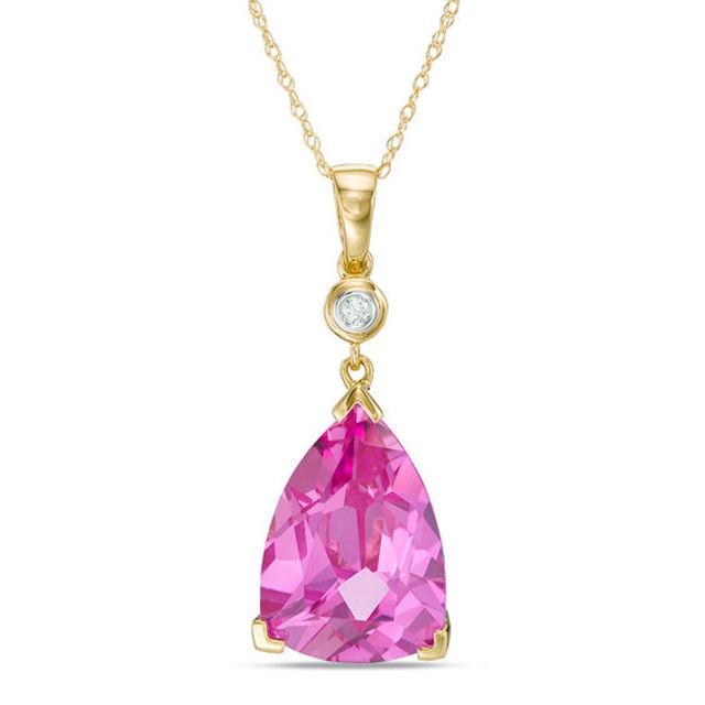 Trillion-Cut Lab-Created Pink Sapphire and Diamond Accent Drop Pendant in 10K Gold