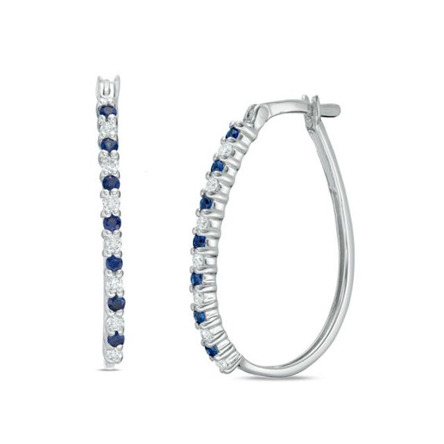 Blue Sapphire and 1/4 CT. T.w. Diamond Alternating Hoop Earrings in 10K White Gold