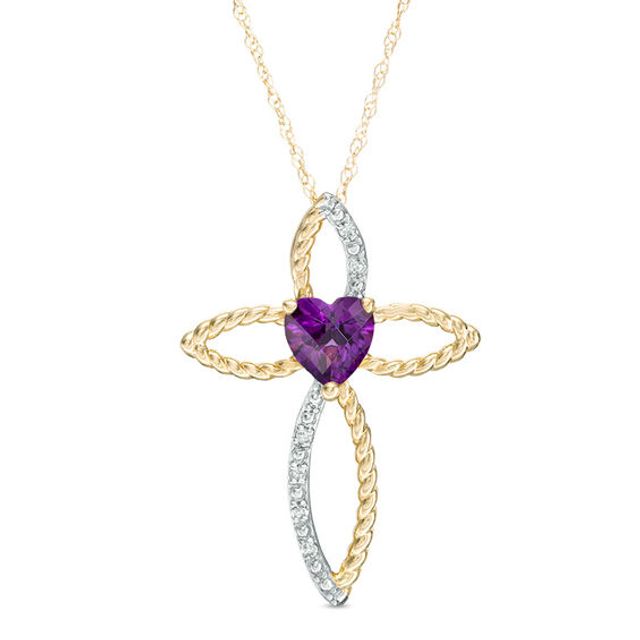 6.0mm Heart-Shaped Amethyst and Diamond Accent Cross Pendant in 10K Gold