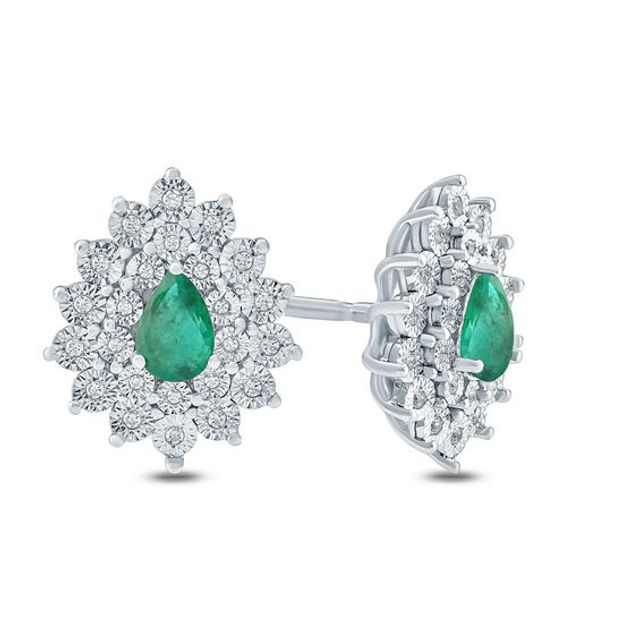 Pear-Shaped Lab-Created Emerald and 1/5 CT. T.w. Diamond Starburst Frame Stud Earrings in Sterling Silver