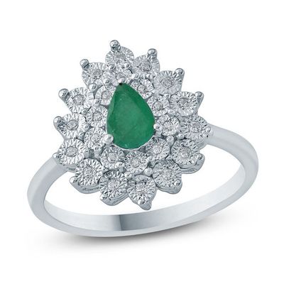 Pear-Shaped Lab-Created Emerald and 1/10 CT. T.w. Diamond Starburst Frame Ring in Sterling Silver