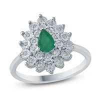 Pear-Shaped Lab-Created Emerald and 1/10 CT. T.w. Diamond Starburst Frame Ring Sterling Silver