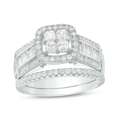 Quad Princess-Cut Lab-Created White Sapphire Frame Bridal Set in Sterling Silver