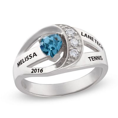 Simulated Birthstone and Cubic Zirconia Bypass Class Ring in Sterling Silver (1 Stone and 4 Lines)