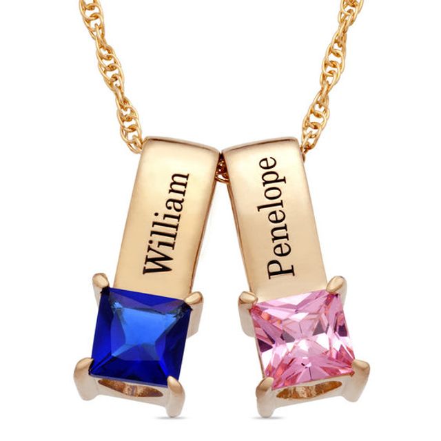 Mother's Princess-Cut Simulated Birthstone Charm Pendant (2 Stones and Names)