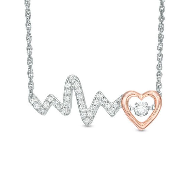 Lab-Created White Sapphire Heartbeat Necklace in Sterling Silver and 10K Rose Gold
